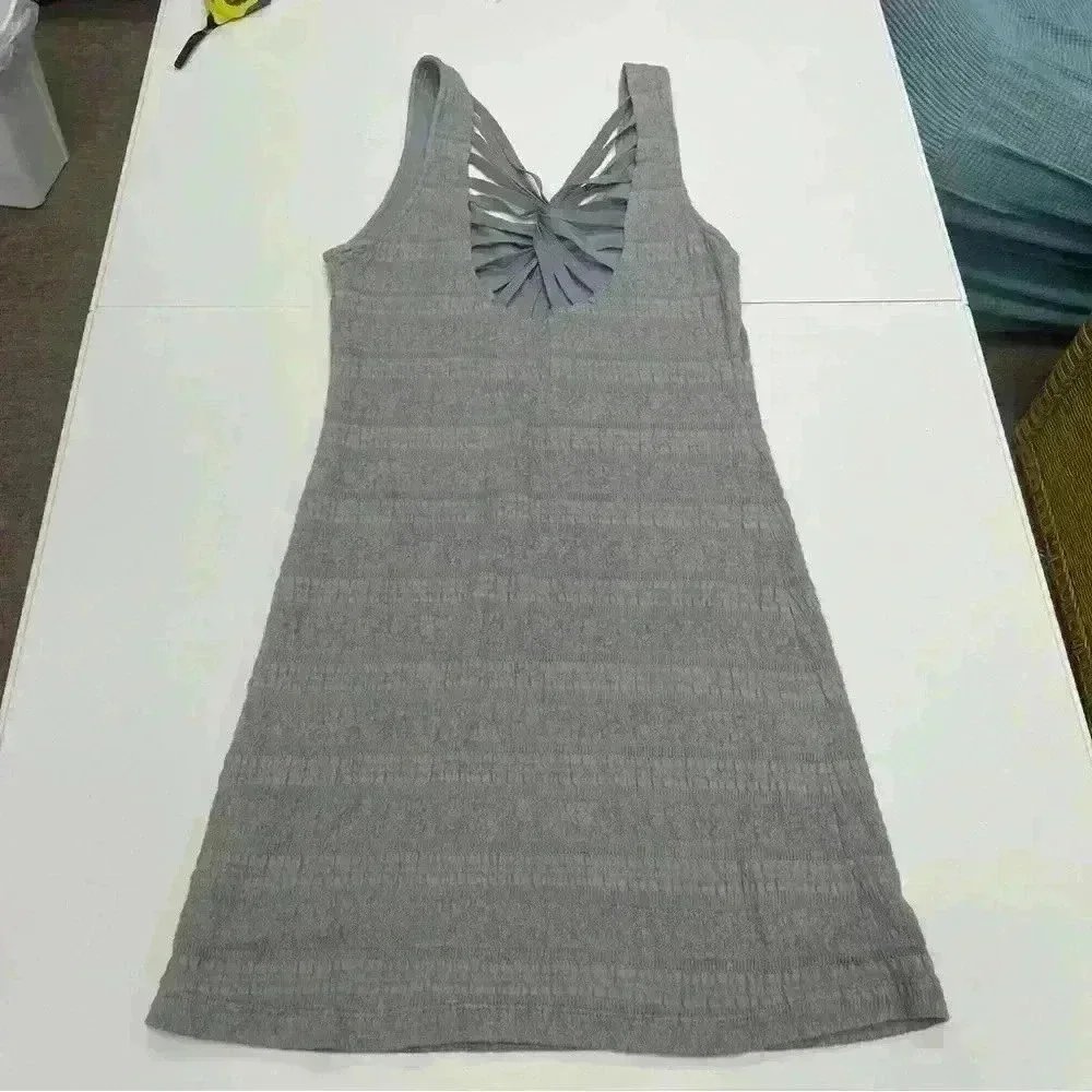 FREE PEOPLE Gray Textured Knit Fitted Criss Cross Back Dress Sz Medium